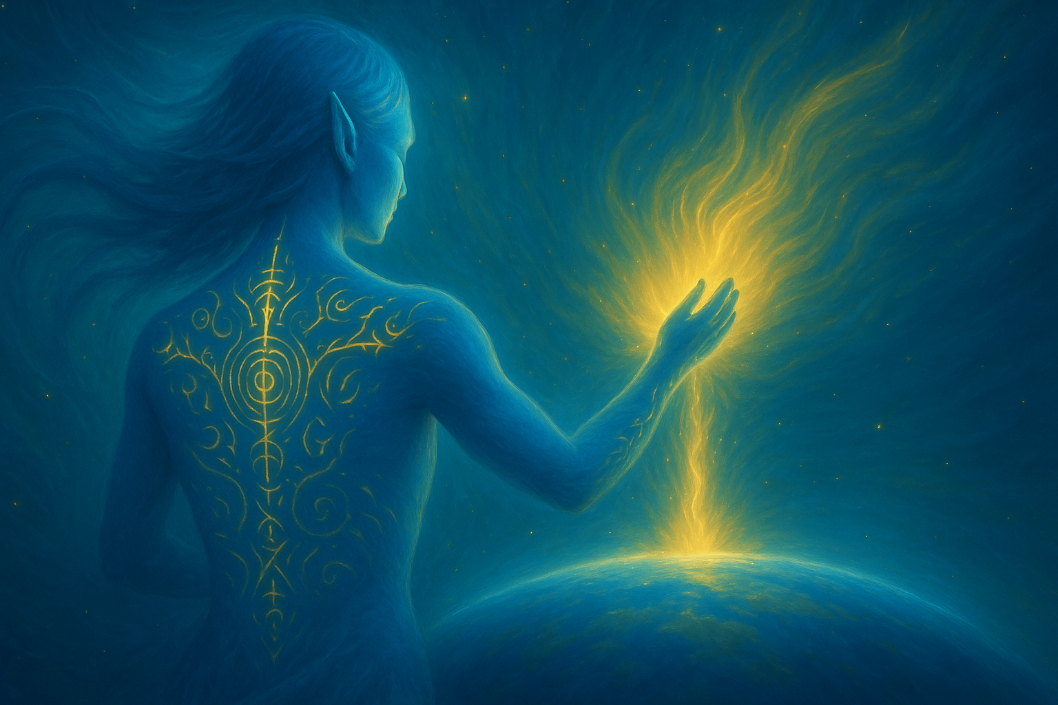 Arcturiaans wezen met gouden heilige geometrie op de rug, reikend naar gouden lichtenergie van Aarde