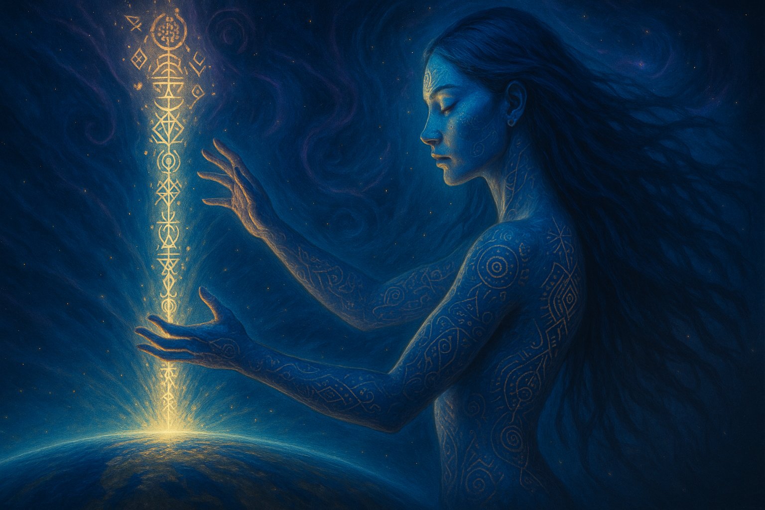 Arcturiaanse vrouw met gouden heilige geometrie symbolen, kanaliserende lichtenergie naar Aarde