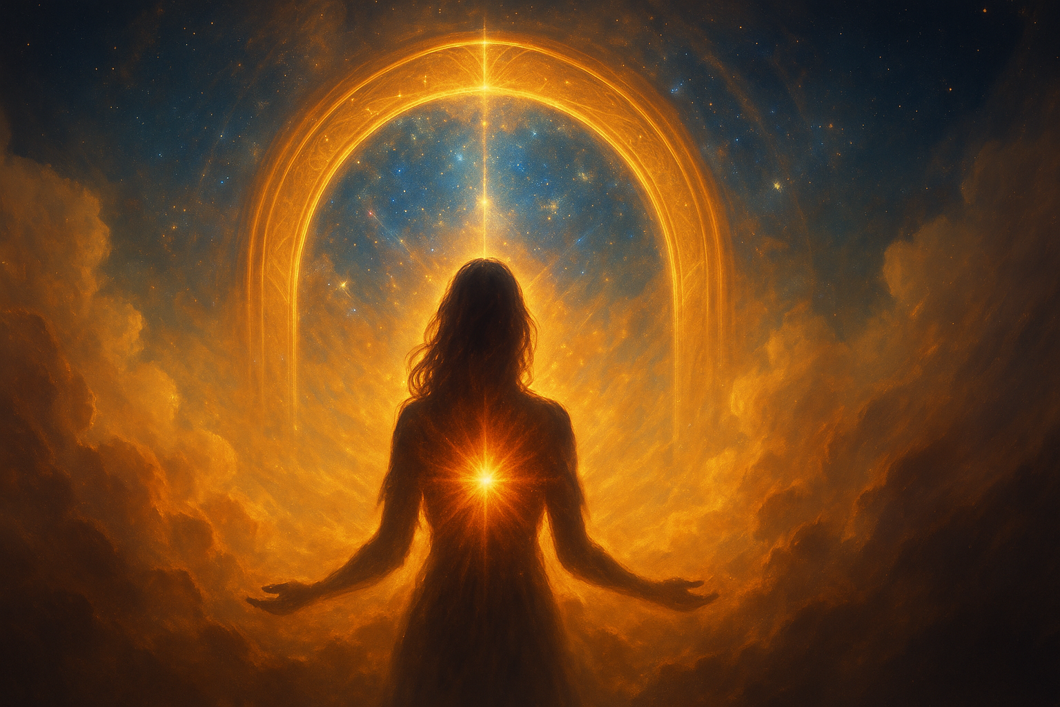 Théa'Lunor Sha'Kai – Stralende Weg van Licht - Spirituele figuur in meditatie met gouden lichtportaal