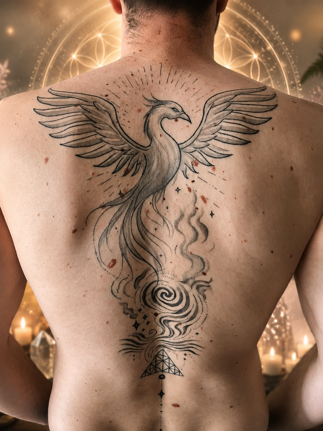 Feniks-tatoeage langs de ruggengraat van Jeffrey (Sa'Lumina), met vlammen, dotwork en heilige geometrie tegen een kosmische achtergrond