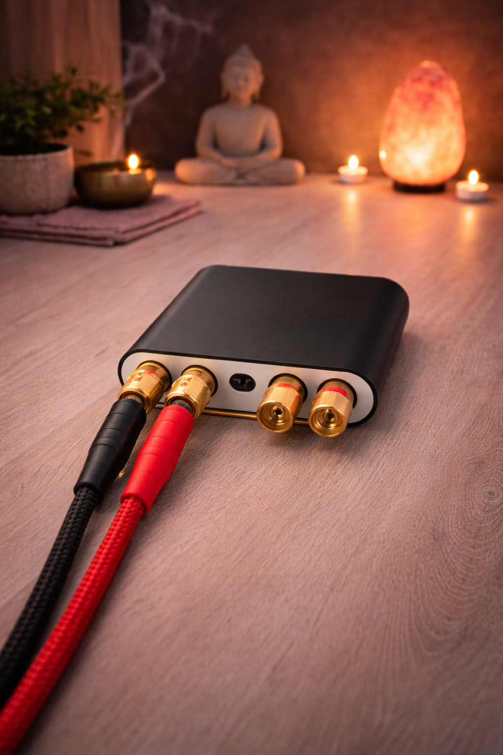 Sa'lumina Pulse versterker met gouden aansluitingen voor optimale geluidskwaliteit en frequentie resonantie